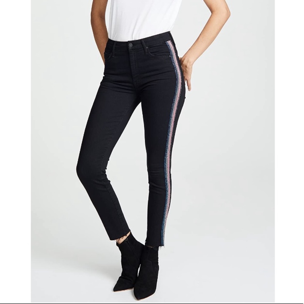 Mother Looker Glitter Stripe Frayed Ankle Jeans